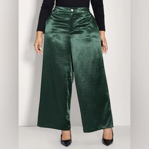 Elegant Green Satin Wide-Leg Pants